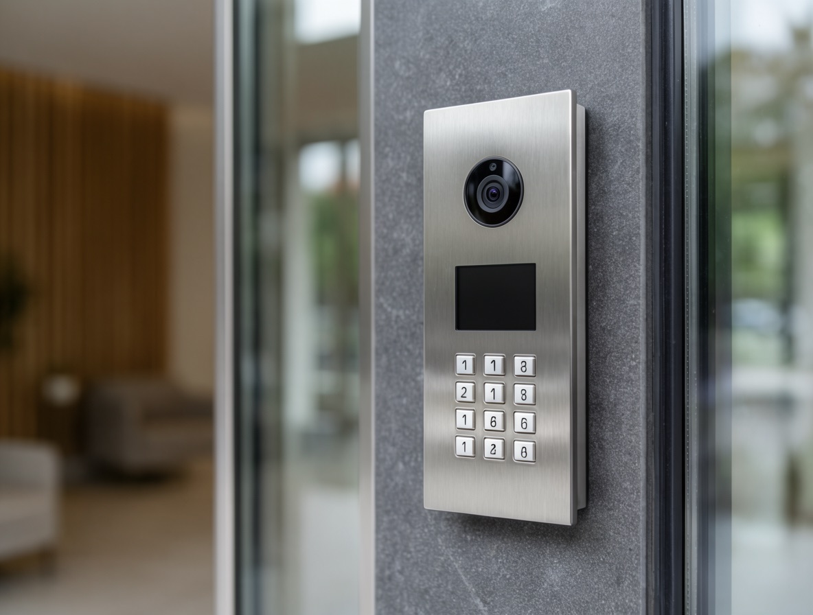 Modern bir bina girişinde paslanmaz IP görüntülü intercom paneli